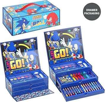 kids Characters 52 pieces Colouring Art Case Childrens Stationery Set With Watercolour Pencils Toy Gift (Sonic)