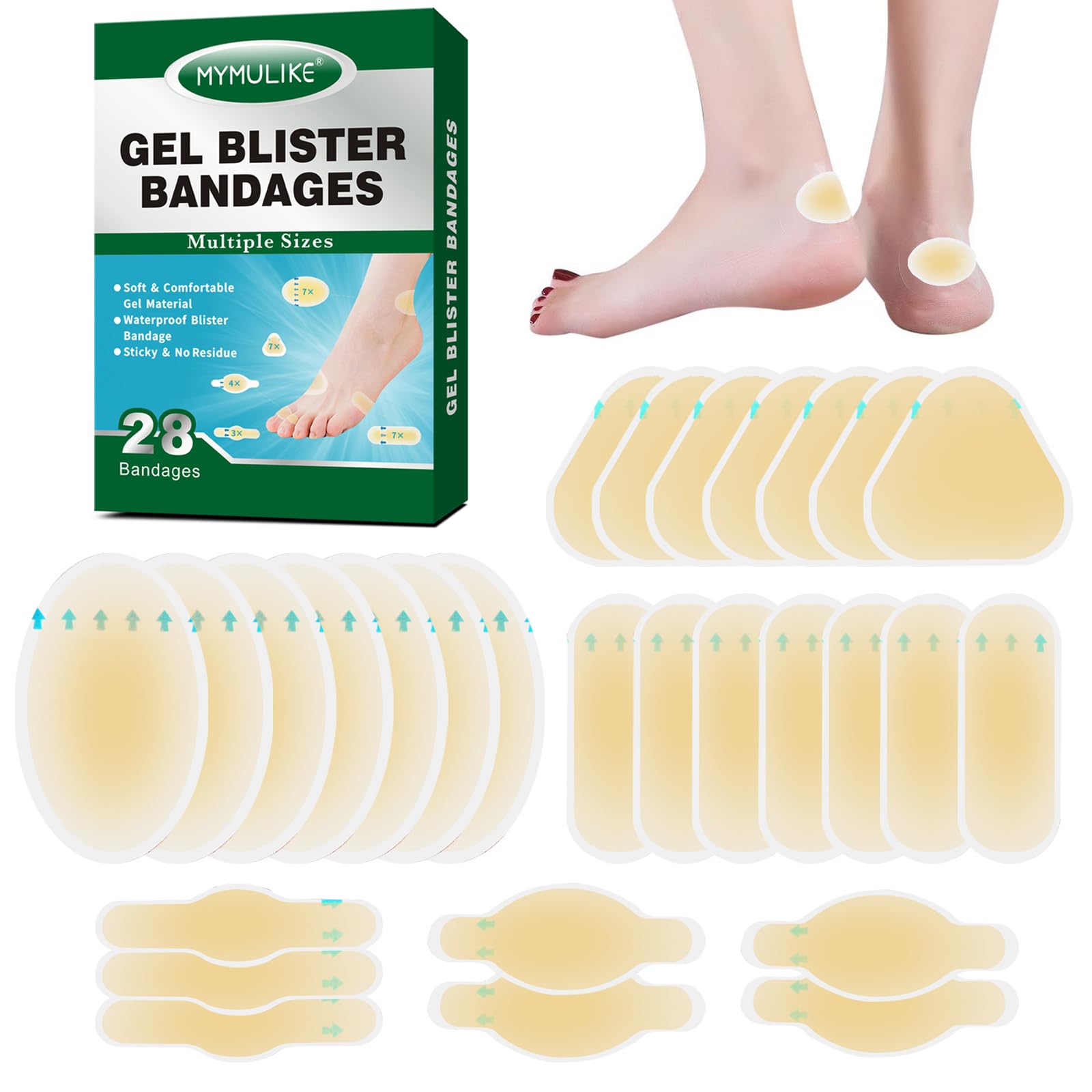 MYMULIKE Blister Bandages for Feet | Heels, 28 Pcs Bandages to Against Rubbing, Waterproof Adhesive, 5 Sizes, Individual Packaging