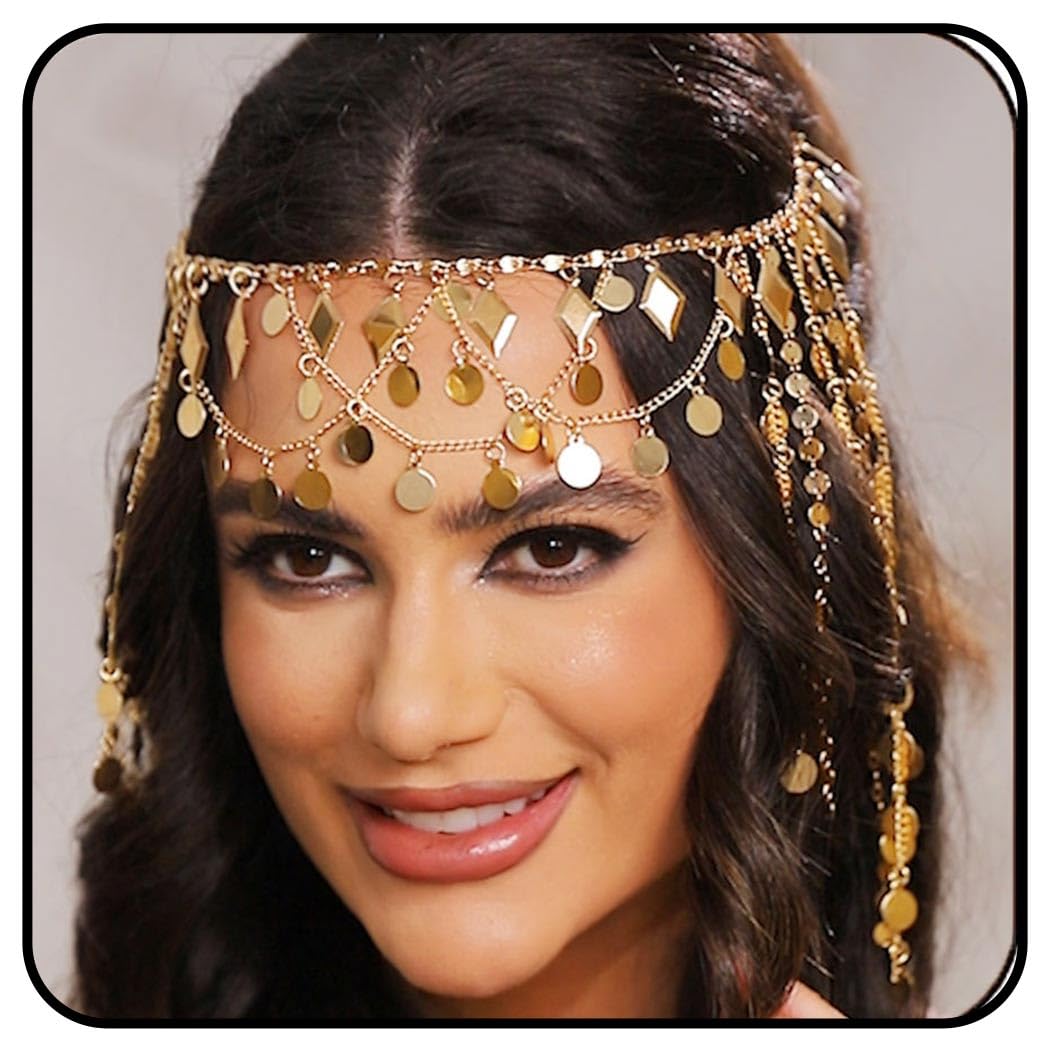 Zoestar Boho Sequins Head Chain Gold Tassel Headpiece Chain Layered Forehead Chain Jewelry Festival Costume Hair Accessories for Women