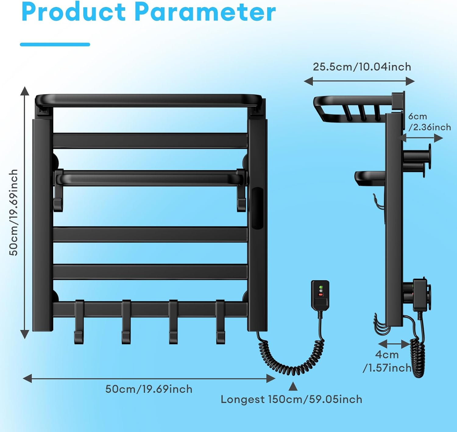 Tower Warmer Rack，Electric Heated Towel Rack - 6-Bar Wall Mounted Towel Warmer with Wi-Fi & APP Control, LED Timer&Temperature Multi-Level Adjustable, Matte Black