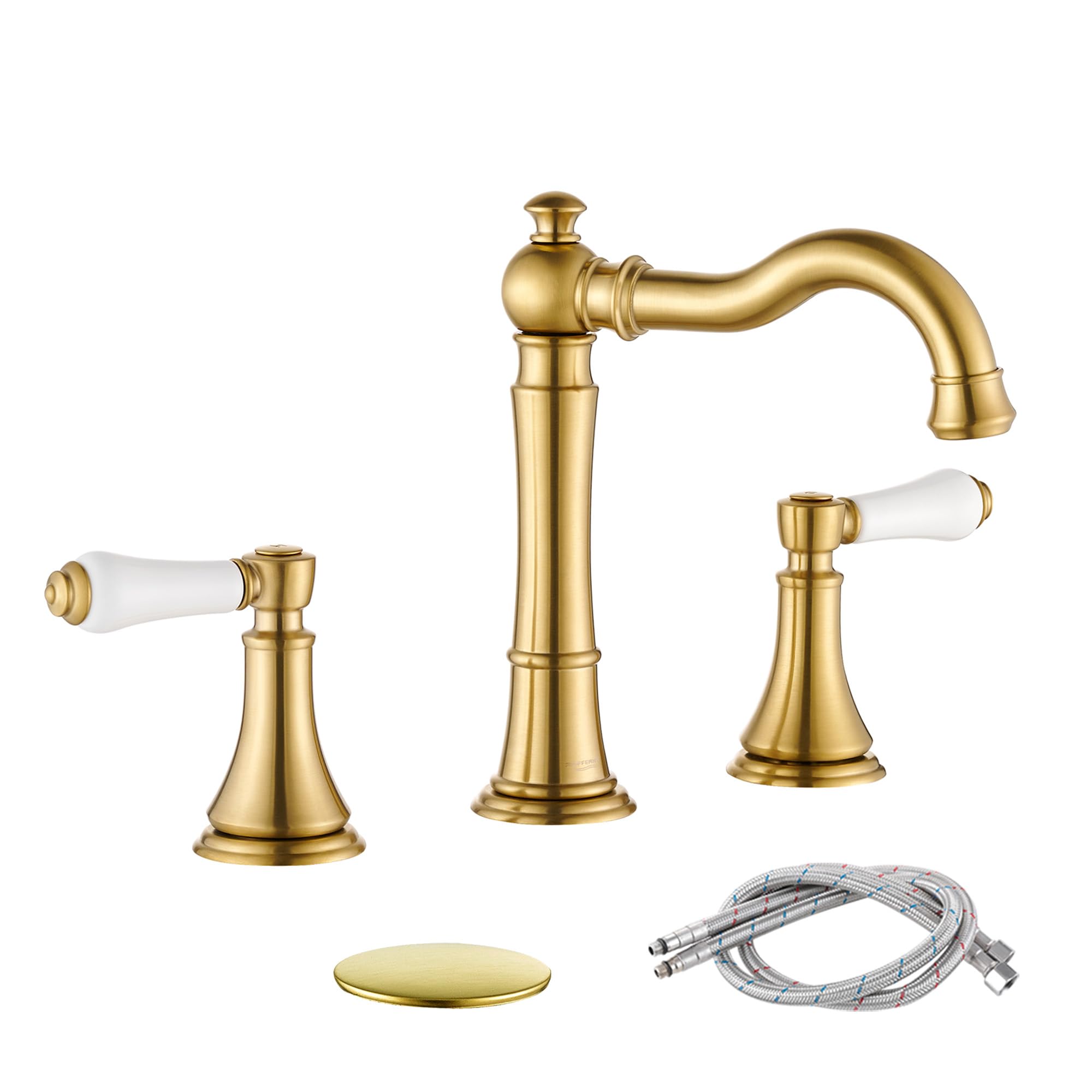 Brushed Gold Bathroom Faucets 8 inch Widespread with Pop-Up Drain & 2Pcs Water Supply Lines ...