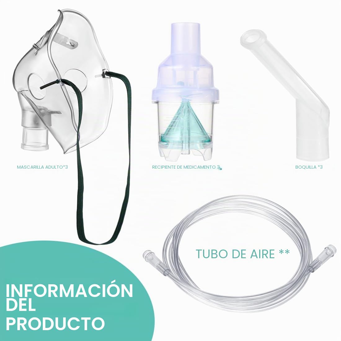 Accesorios para nebulizador, 3 juegos con boquillas, máscaras para adultos, vasos de 2 m, máscara de oxígeno, accesorios para adultos, sin ftalatos, sin látex
