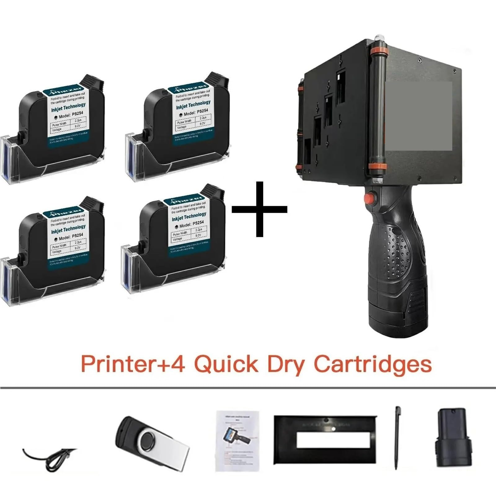 Stampante portatile for etichette da 100 mm, codice a barre, numero di data, data di scadenza, stampante a getto d'inchiostro portatile, 28 lingue(With 4 cartridges)