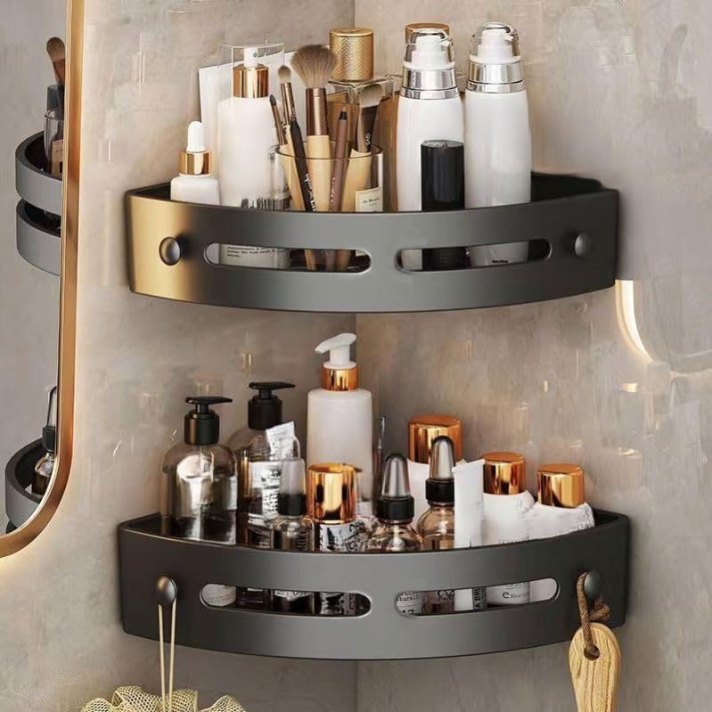 Corner Shower Caddy Black Wall Mounted Bathroom Storage Rack Plastic Organizer Shelf with Drainage Holes 2 Pack for