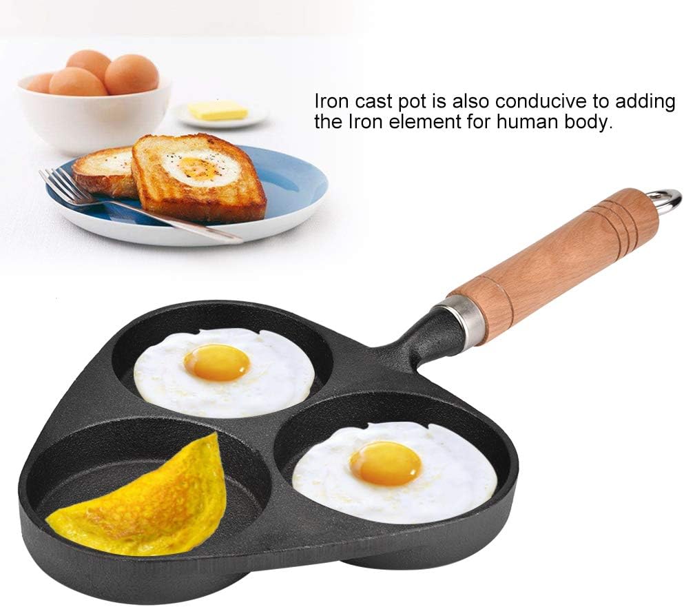 Egg Frying Pan Nonstick, 3 Divider Cast Iron Grill Pan Breakfast Omelette Skillet with Wooden Handle Fried Eggs Cooker Pot for Burger Pancake Steak