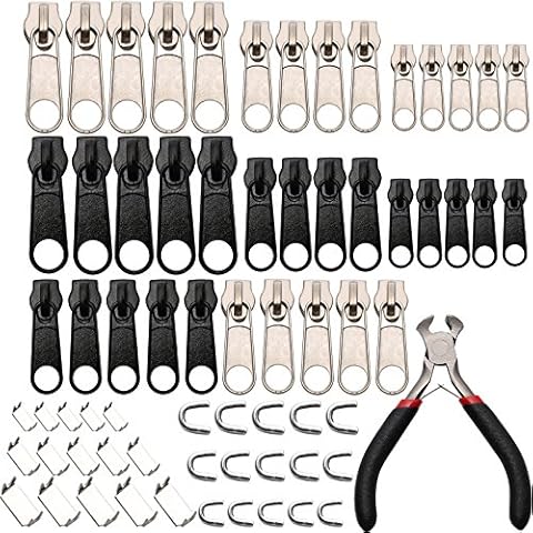Umsole 161 Pieces Zipper Replacement Pull Tabs Zip Fixer Zipper Repair Kit with Zipper Install Pliers Tool,Black and Silver Cover