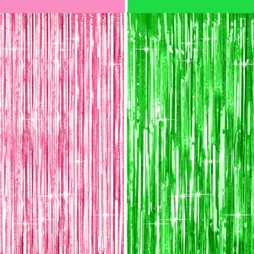 Image of 4 Packs Pink and Green Foil Fringe Curtain, Pink Green Metallic Tinsel Backdrop for Birthday, Baby Shower, Princess Bachelorette Party, Witch Party Decorations Supplies
