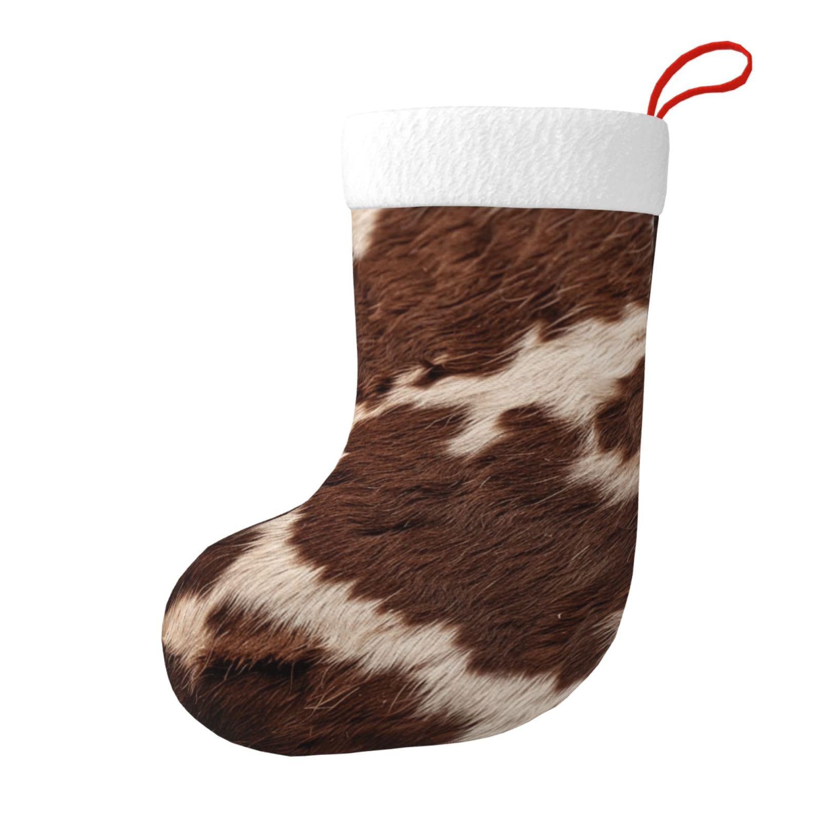 Brown Cowhide Print Christmas Stocking, 28x45cm Holiday Hanging Stockings for Fireplace, Tree Decorations, Gift Giving, and Party Festive Decor
