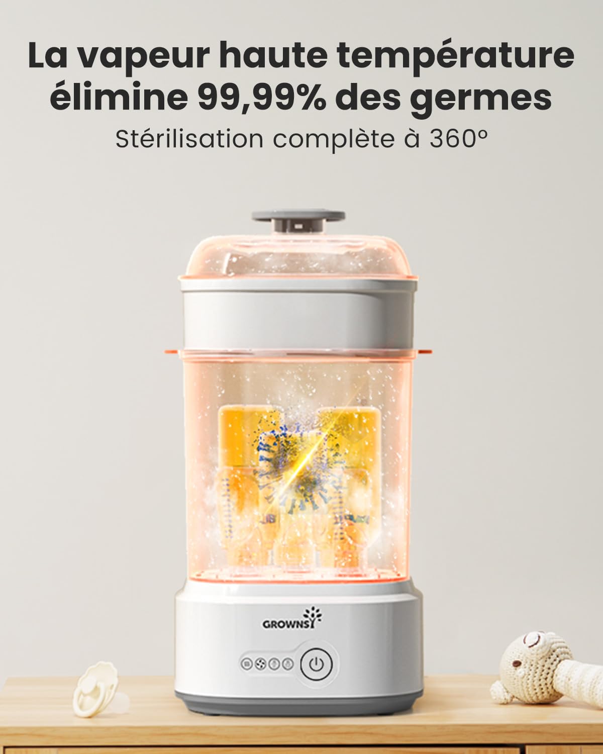 Grownsy Stérilisateur Biberon avec Séchage, Stérilisateur Électrique à Vapeur Compact pour Biberons, Tétines, Pièces de Tire-lait