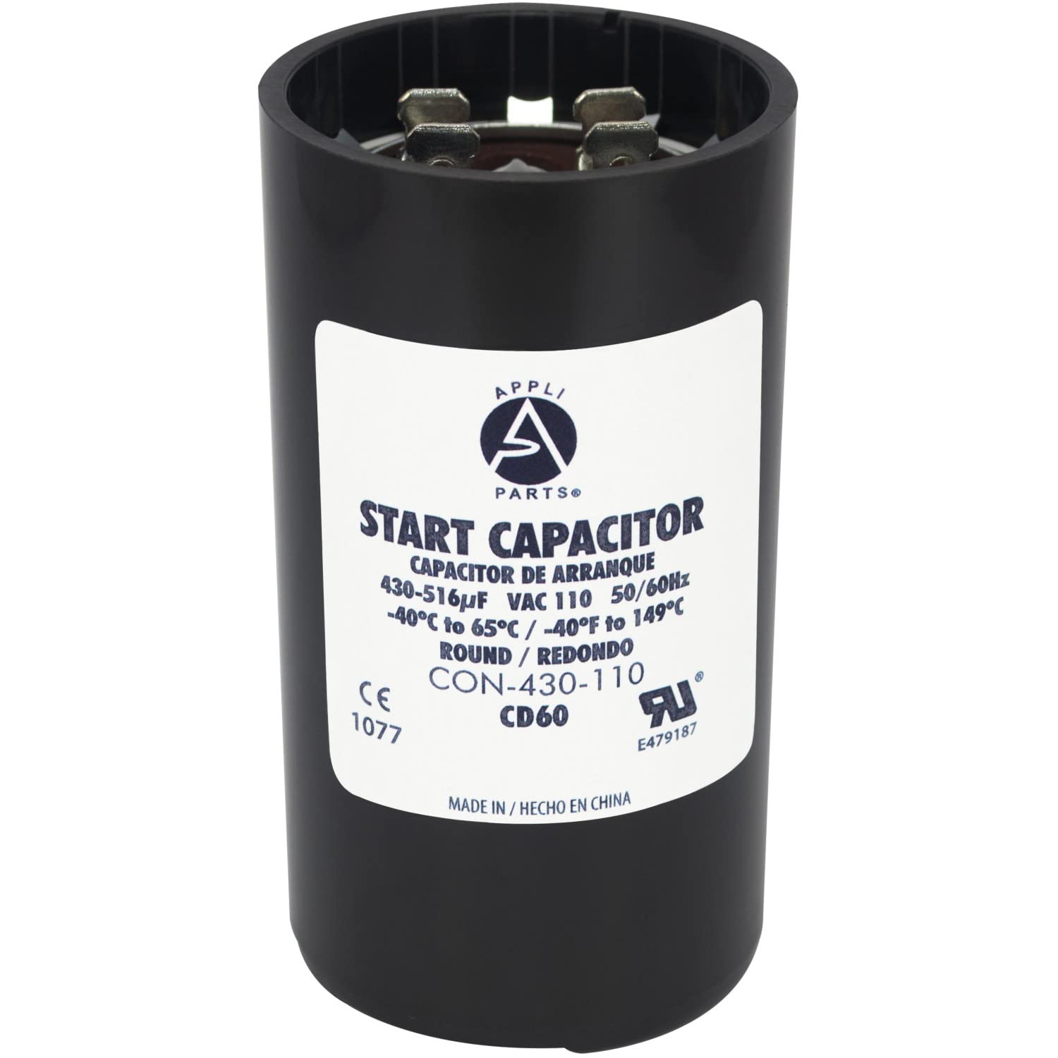 Appli Parts Motor Start Capacitor 430-516 Mfd (microfarads) uF 110-125 VAC Universal fit for Electric Motor Applications 1-3/4 in Wide 3-3/8 in Height CON-430-110