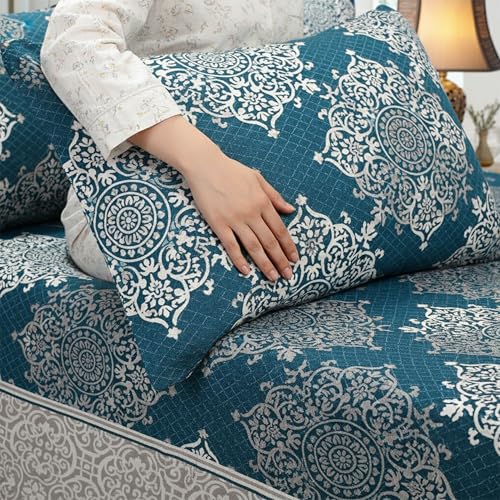 Image of Fresh From Loom Reversible 500Tc Bedsheet for Double Bed Queen Size Cotton | Traditional Print (90x60 Inches | 1 Pillow Cover | Aqua)