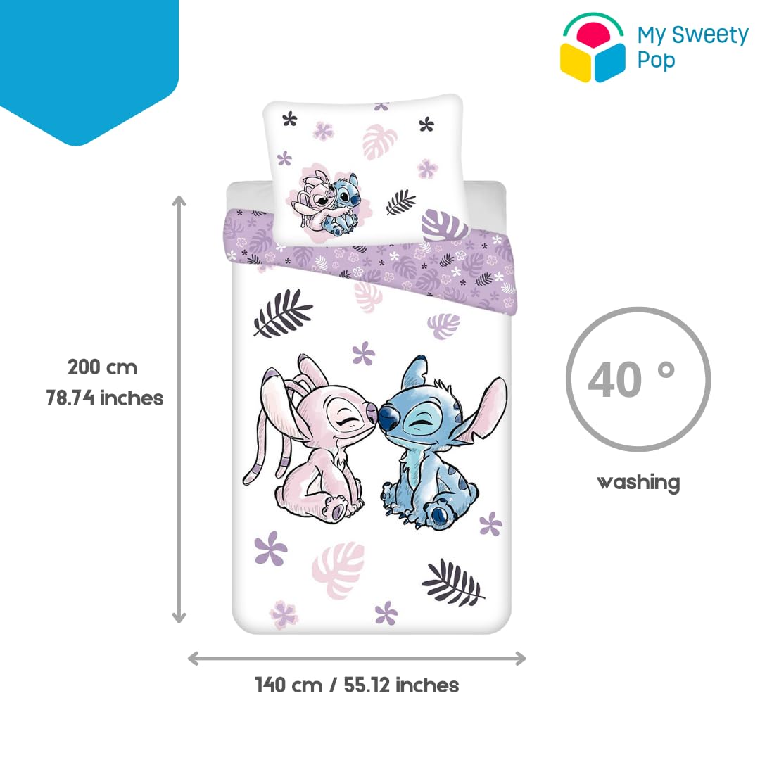 My sweety pop - Juego de cama para niña Lilo&Stitch de 2 piezas, funda de edredón reversible, 140 x 200 cm, funda de almohada, 70 x 90 cm, algodón, color morado y blanco