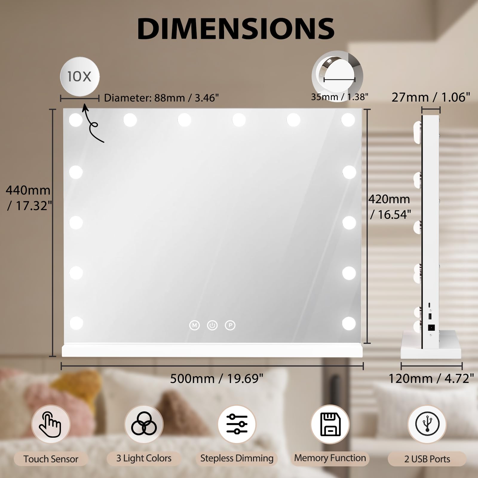 Hollywood Specchio Trucco con Luc, 50x42cm Specchio con Luci 14 LED, 3 Modalità Illuminazione Regolabile, Controllo Tattile, Porte USB, Specchi da Tavolo per La Camera da Letto Spogliatoio