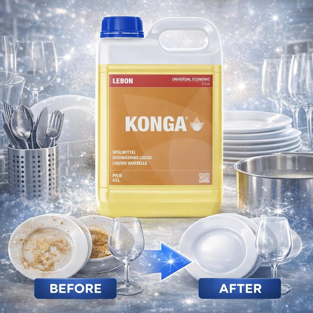 Konga Detersivo universale per lavastoviglie – Detergente multiuso concentrato per stoviglie, pH neutro, per gastronomia, industria e casa (5 l)
