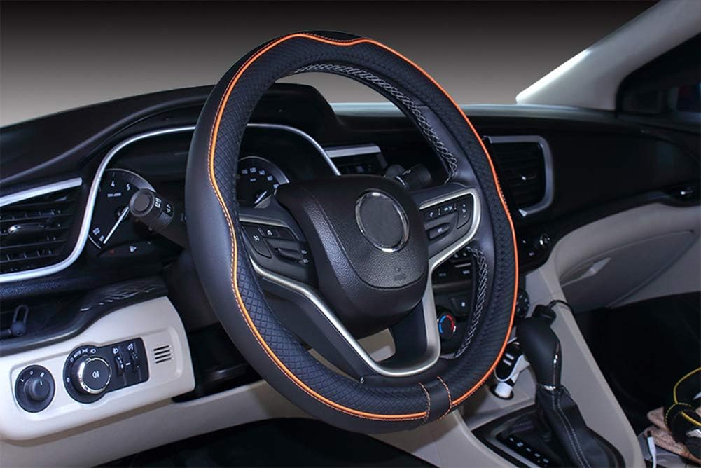 Microfiber Leather Car Steering Wheel Cover Universal 15 inch/38cm Breathable Anti-slip Protector for Auto/SUV (Black Orange,14.5-15")