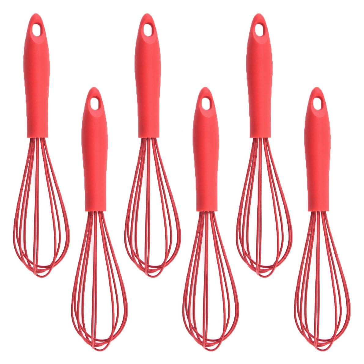 Ousyaah Silicone Whisk (6 Pcs), 10-Inch Whisks for Cooking, Heat Resistant Kitchen Whisks for Non-stick Cookware, Balloon-Head Egg Beater for Blending, Whisking, Beating, Frothing and Stirring, Red