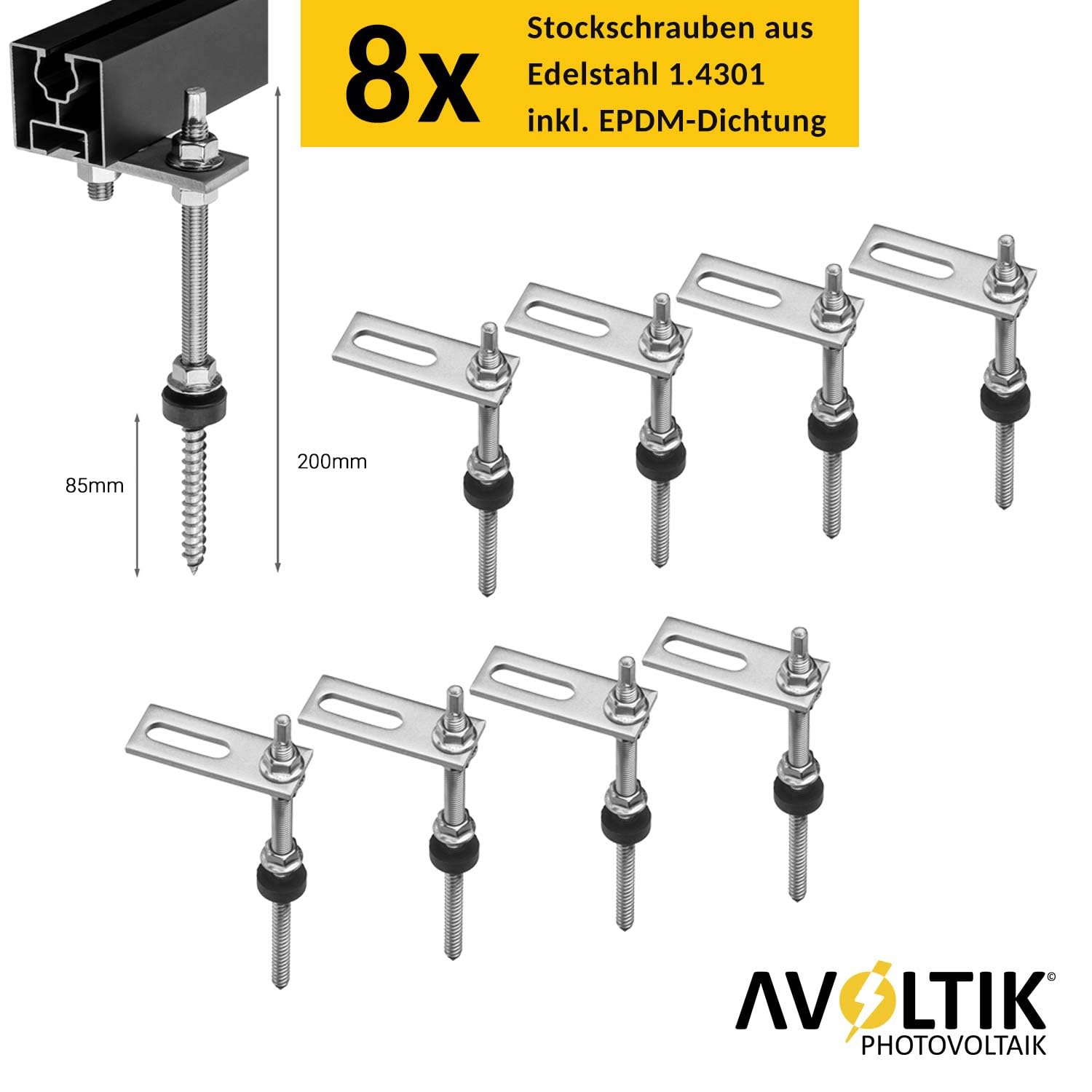 PV Halterung Blechdach Montageset – Balkonkraftwerk – inkl. 200 mm Stockschrauben M10, EPDM-Dichtung, 1,25 m Aluschienen & Modulhalter – für Trapez- & Wellblech