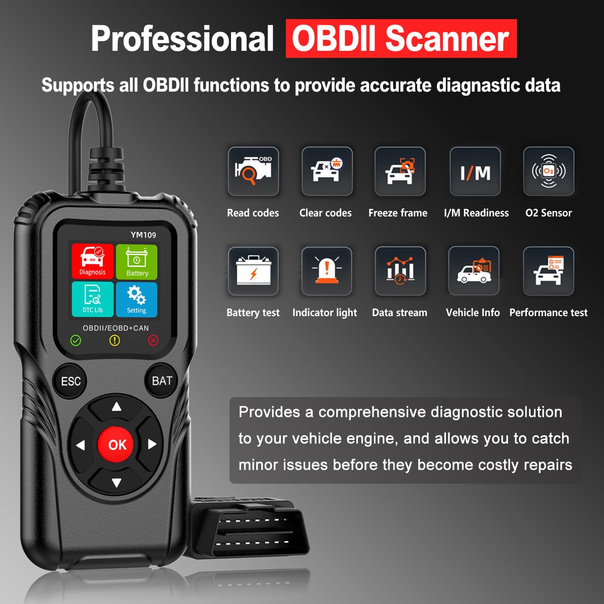 Scanner OBD2 con tester per batteria, lettore di codici auto per spia di controllo del motore, dati in tempo reale, tensione della batteria e durata della batteria, strumento diagnostico per