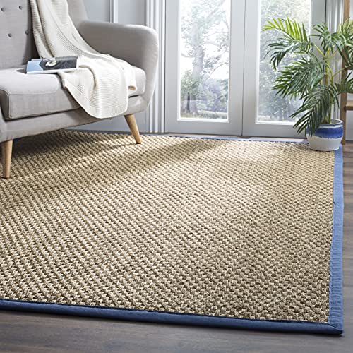 SAFAVIEH Area Rug 8' Square - Natural Fiber Collection - Natural & Navy, Seagrass, Basketweave Pattern with Border (NF114T)