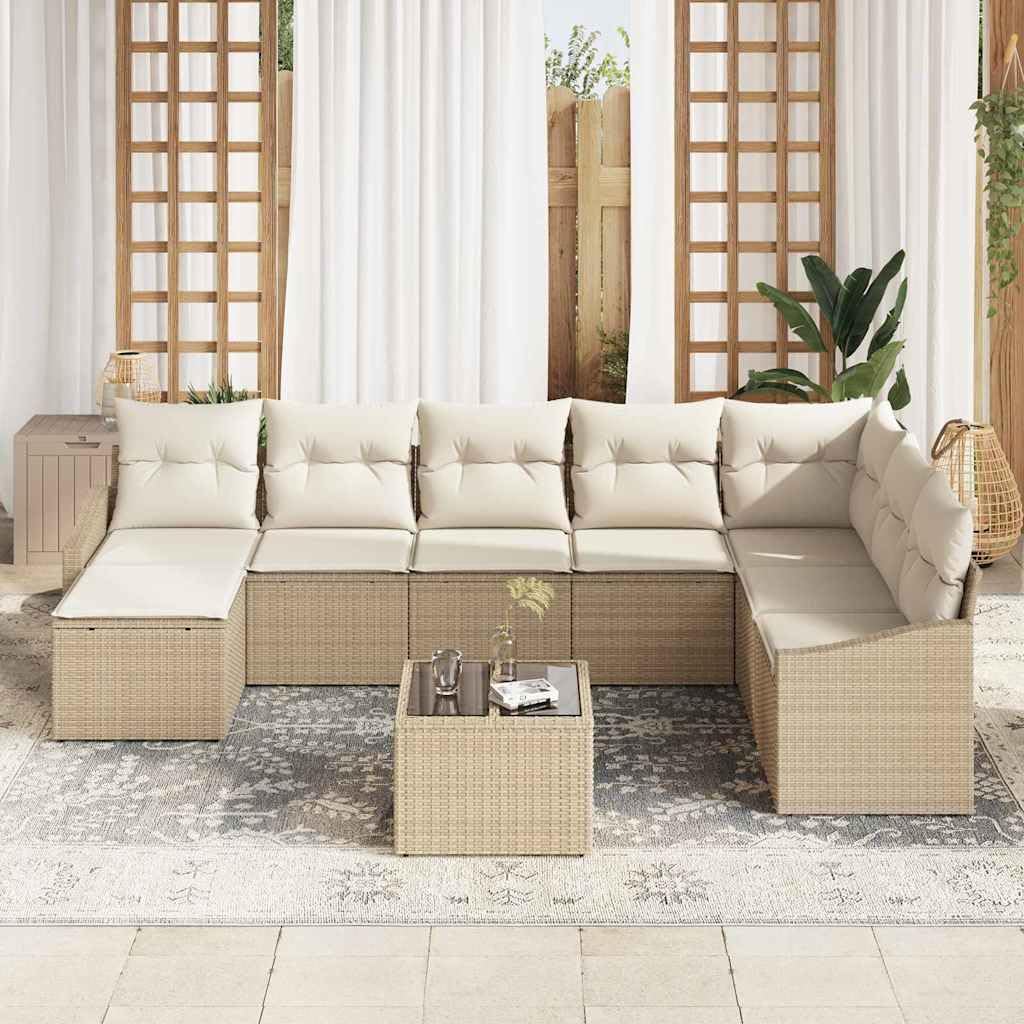 Sofa ogrodowa, 8-częściowy, beżowy/kremowy, polirattan, modułowa, odporna na warunki atmosferyczne, odporna na promieniowanie UV, z poduszkami, schowkiem, na taras i do ogrodu