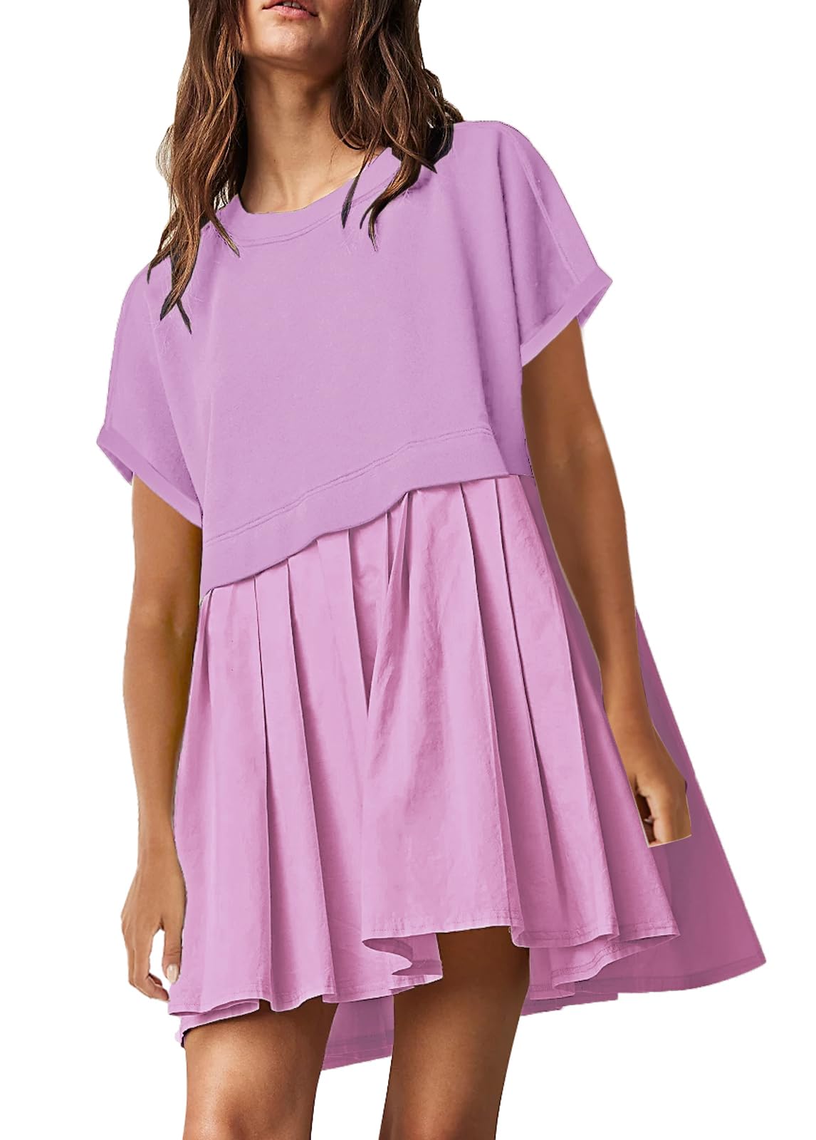 SAUKOLE Womens Summer Crew Neck Short Sleeve Dress Patchwork Pleated A Line Beach Mini Dress