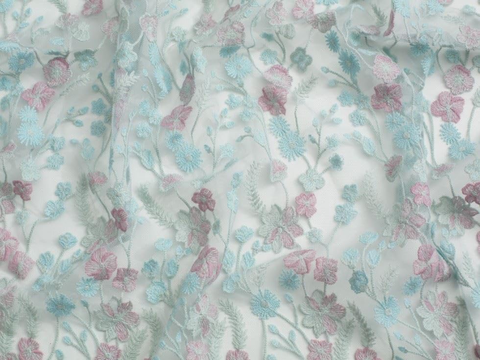 Minerva Tessuto di pizzo ricamato Anna blu e rosa per abiti da sposa e sartoria, larghezza 135 cm, al metro