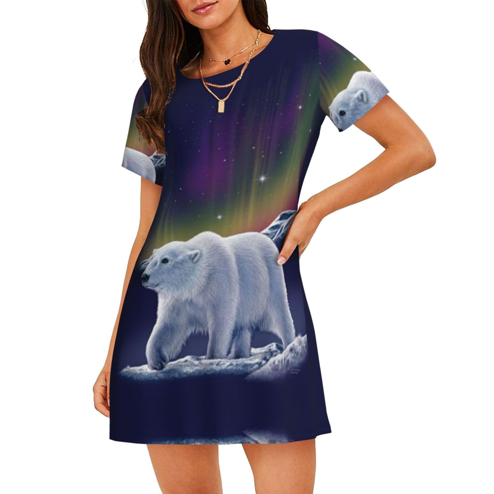 Northern Lights Polar Bear Women'S Short-Sleeved Nightdress Summer Family Walk Shopping Vacation Home Clothes Black