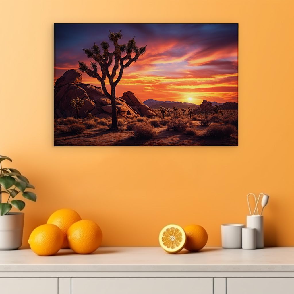 Canvas for Living room. Sunset Serenade in the Desert Embracing the Joshua Tree Majesty, 27 x 18 inch Canvas Wall Art - Surrealistic Visions - Modern Home Decor - 69x46 cm (27x18 inch)