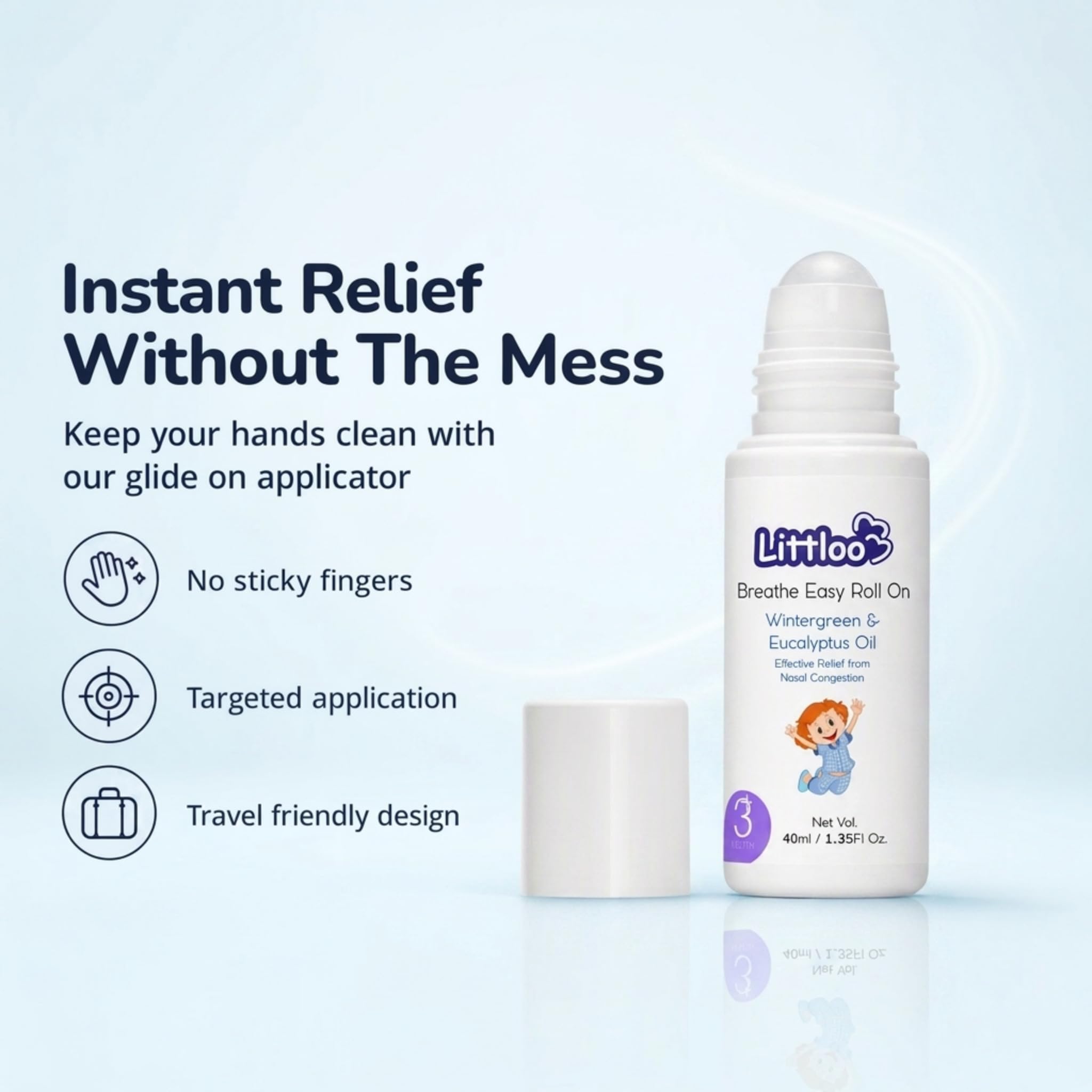 Littloo Breathe Easy Roll-On for Kids - 40ml | Relieves Cold and Nasal Congestion | Enriched With Gandhapura and Eucalyptus Oil 1