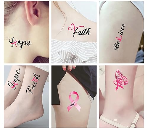 Miniatura 6 de 24 hojas de tatuajes temporales de cinta rosa para concientización sobre el cáncer de mama, tatuajes falsos impermeables para actividades públicas,