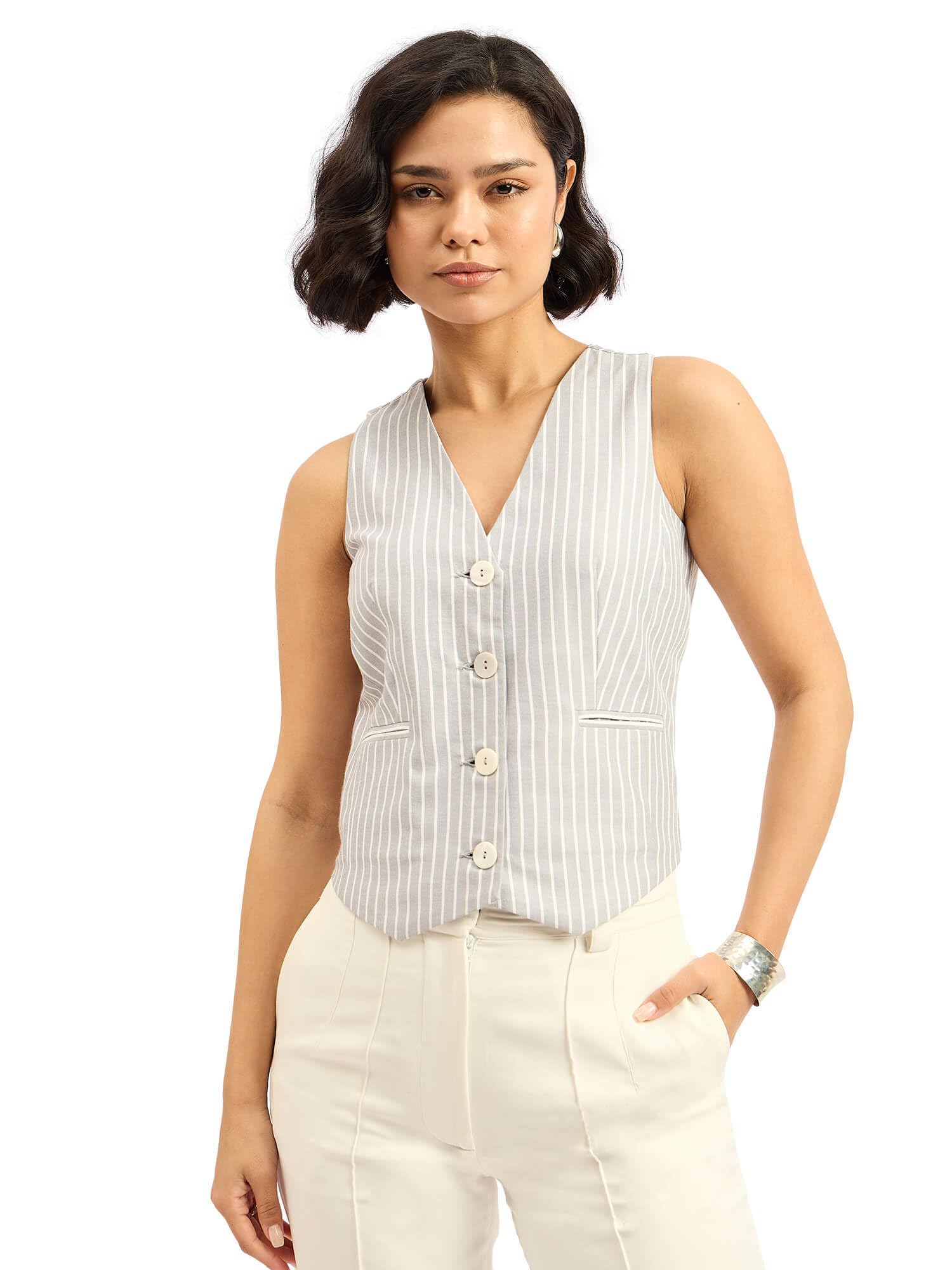 Quera Grey & White Striped Waistcoat for Women | Sleeveless V-Neck Cotton Blend-image-44