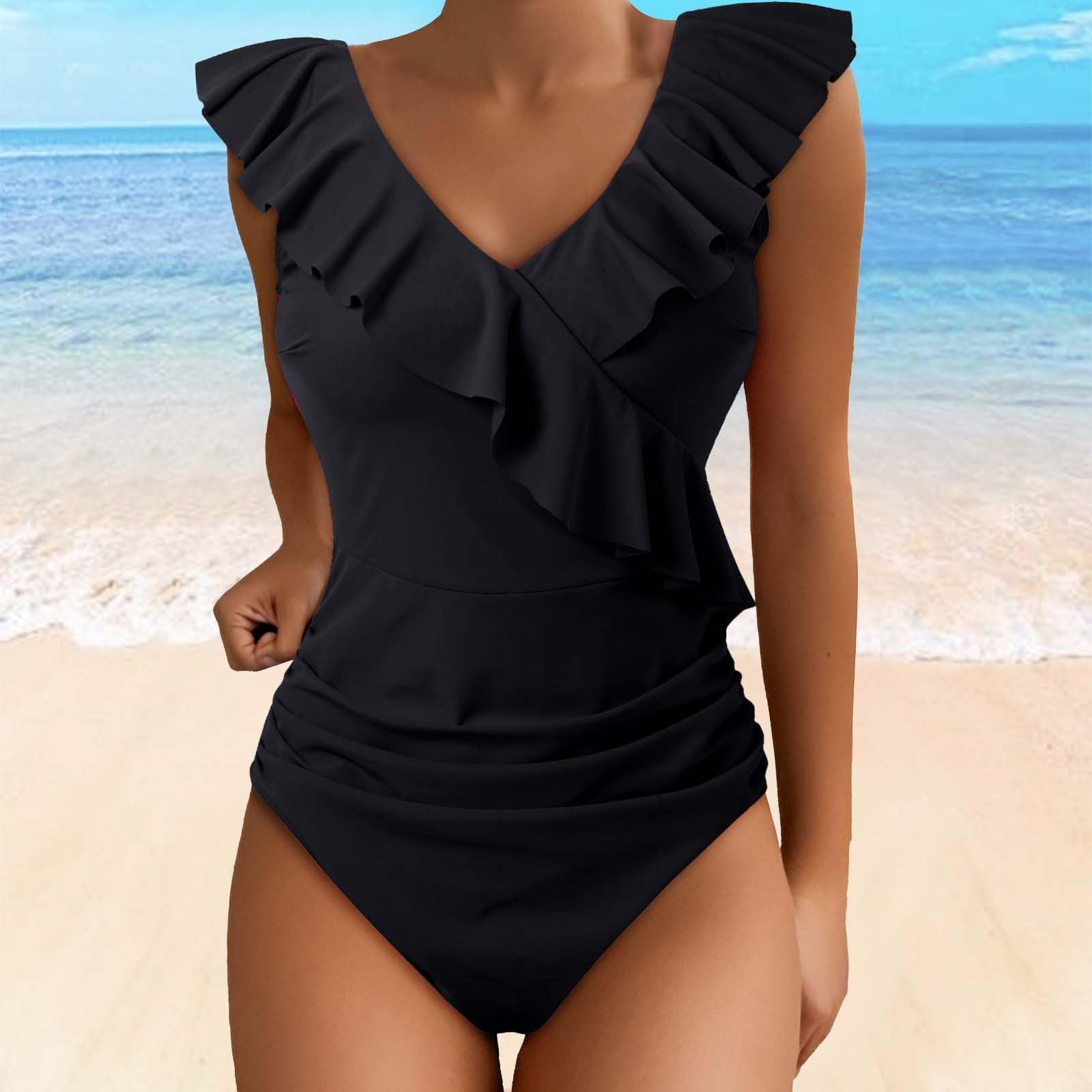 Trajes de baño para Mujer, Lindos Trajes de baño adelgazantes, Trajes de baño con Cuello en V y Volantes, en poliéster, cómodo y séchage Rapide, Ideal para Vacaciones, Verano Estilo Urbano