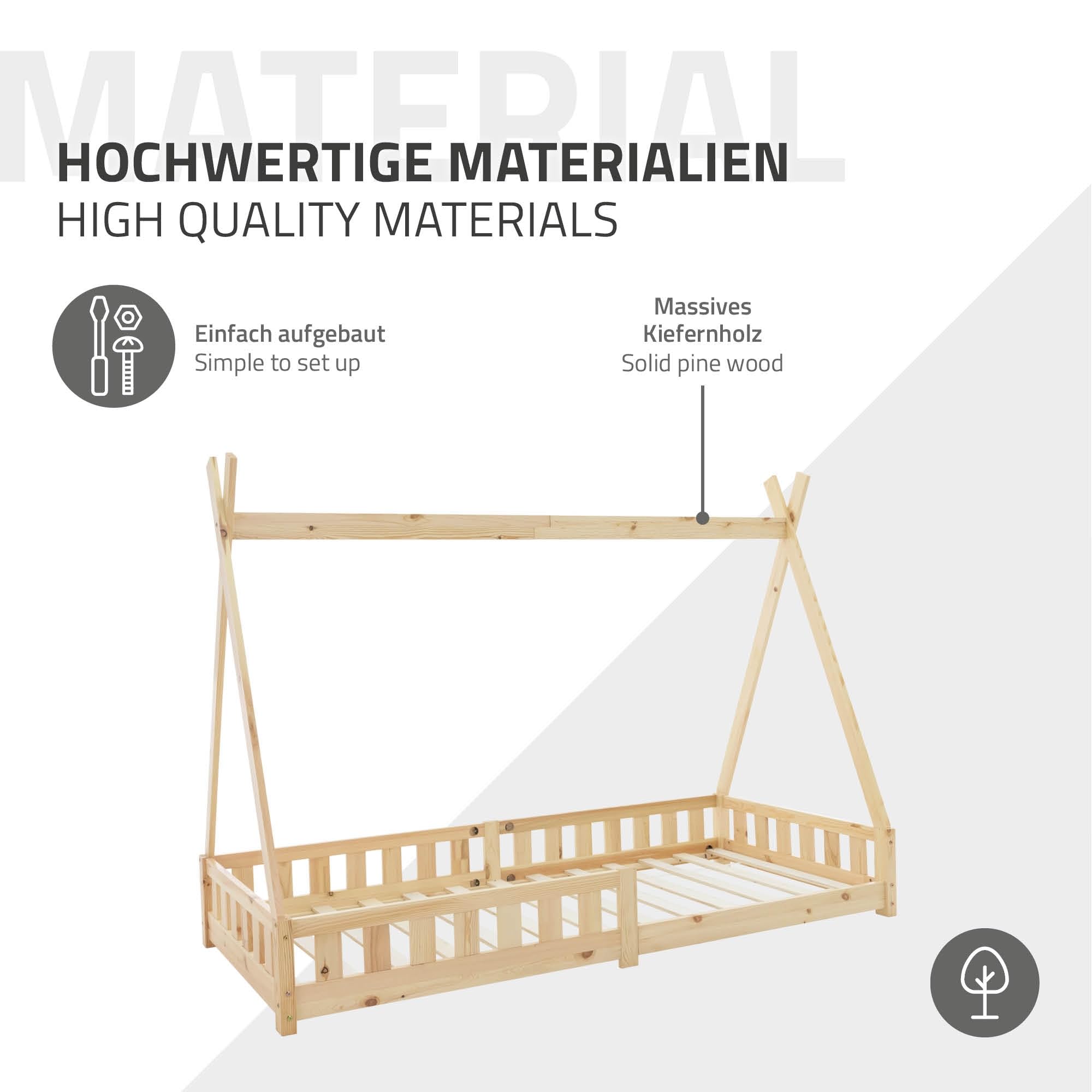 ML-Design Lit d'enfants Tipi 90x200 cm Naturel avec Protection Antichutes et Sommier à Lattes, Bois de Pin, Style Indien pour Filles/Garçons, d'Intérieur avec Clôture, Maison d'enfant Tente de Jeu