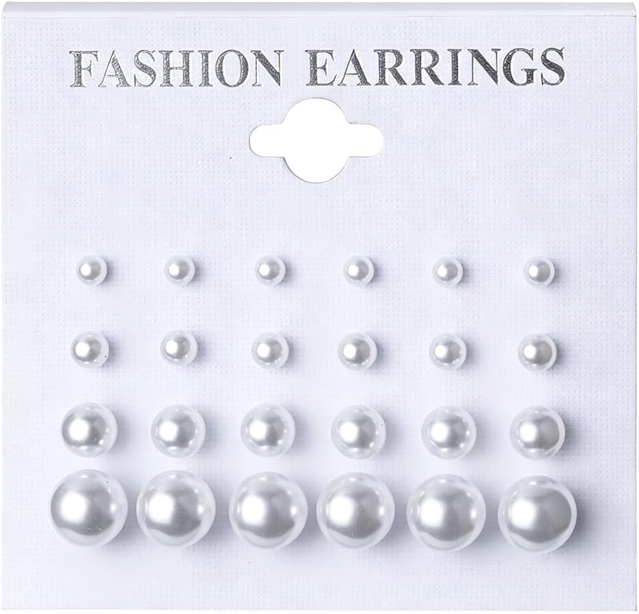 Pearl Earrings Studs for Women - 12PCS Hypoallergenic White Pearl CZ Ball Earrings, Bridal Simulated Pearl Rhinestone Pearls Stud Earrings Jewelry Set for Wedding Birthday Christmas