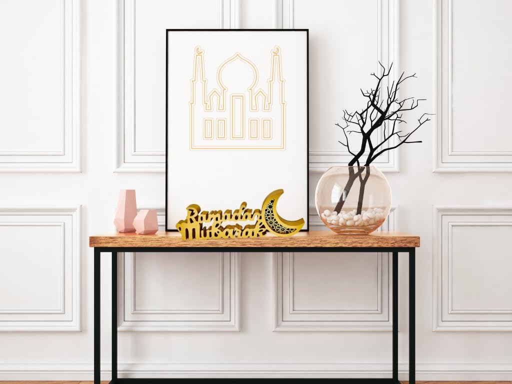 Ramadan Mubarak LED Light Tabletop Wooden Letters Sign with Hilal/Moon Warm White Light and Gold Color 14” (Ramadan Mubarak_Gold)