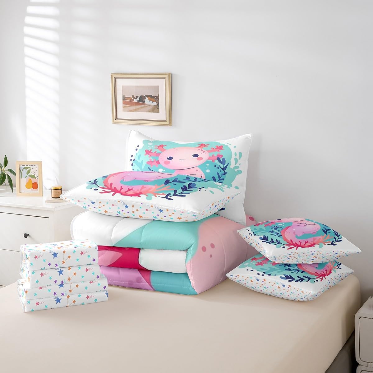jejeloiu Cute Axolotl Bed Set, Twin Size, Gifts for Girls Boys Kids Women Adults 7 Pieces Beeding Set, Ultra Soft Bed in a Bag with Comforter, Sheets, Pillowcases for Axolotl Lover, Ocean Sealife