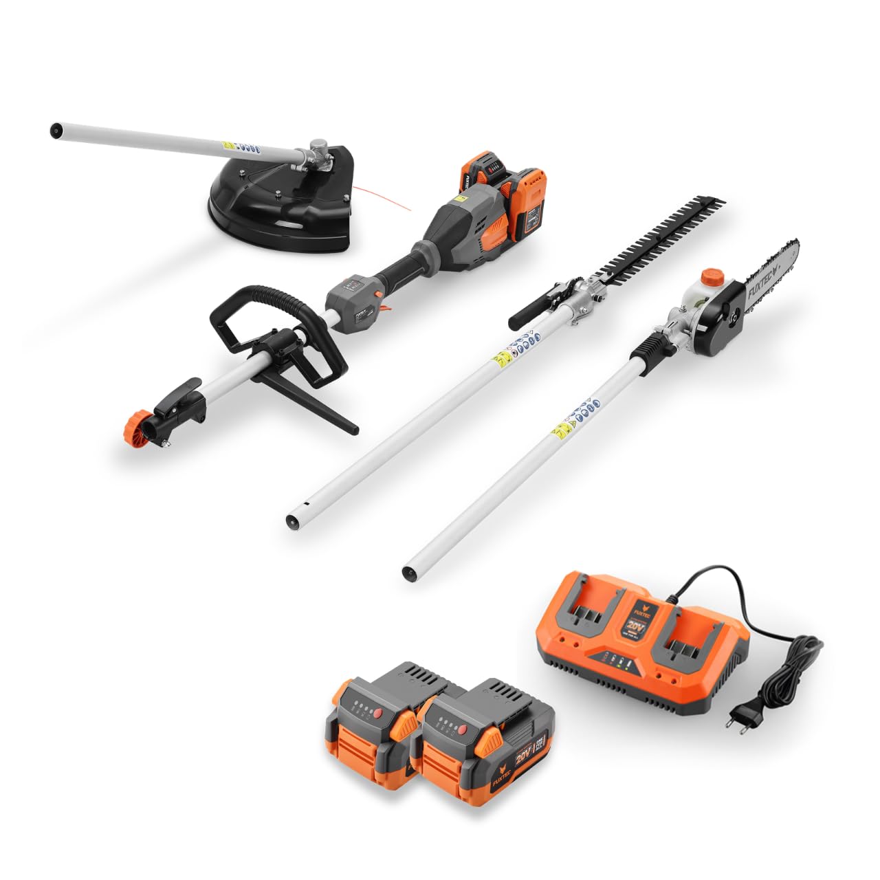 FUXTEC 3in1 Multitool FX-E2MTSET • 40V • Akku Motorsense mit Kettensägen Aufsatz & Heckenschere • Grastrimmer • Freischneider mit Schnellkupplung • Kombigerät