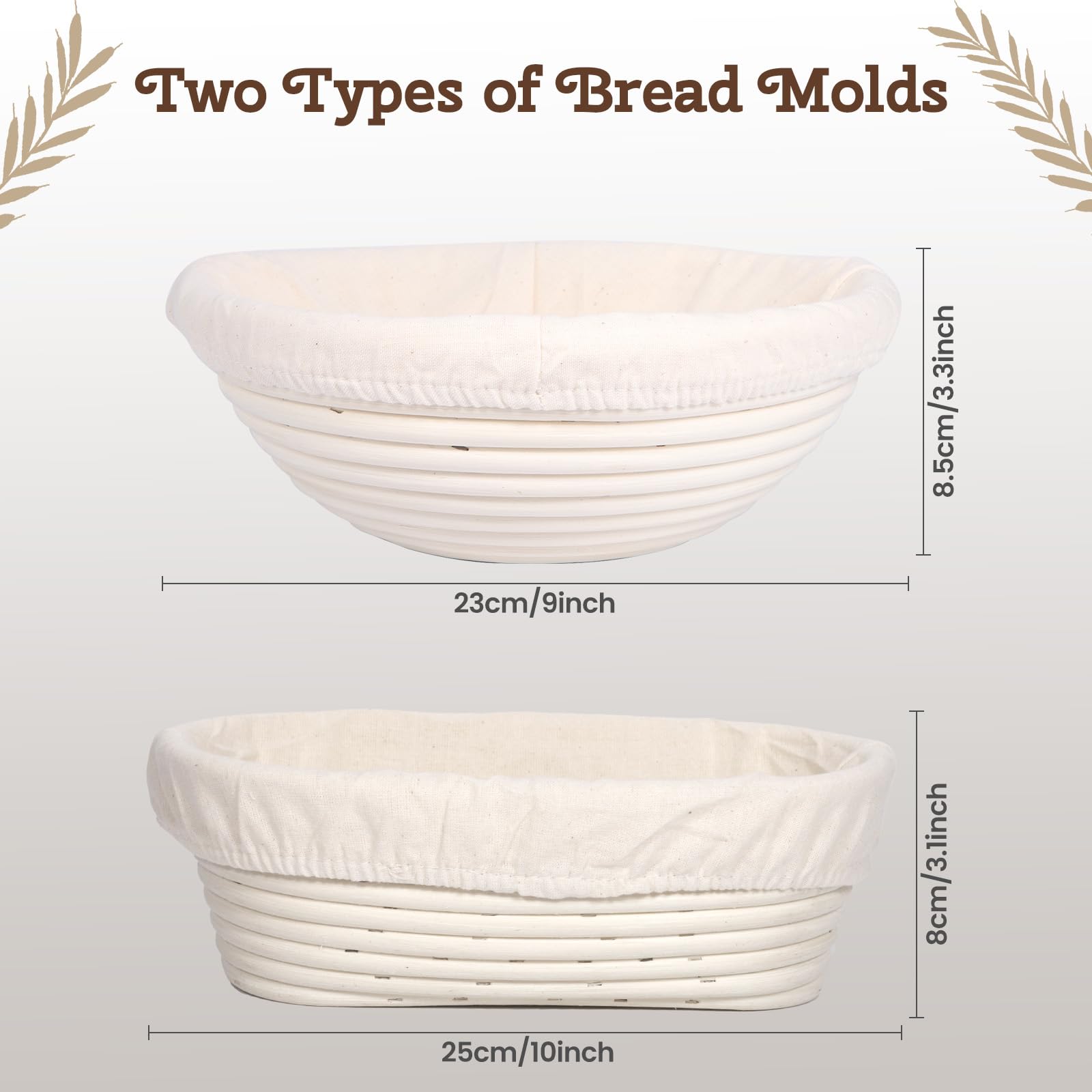 Panier de Fermentation avec Doublure, Banneton pour Pain, 25 cm Ronds et 23 cm Ovales, 10 Pièces Kit Boulangerie avec Accessoires de Cuisson du Pain, pour Les Débutants et Les Boulangers