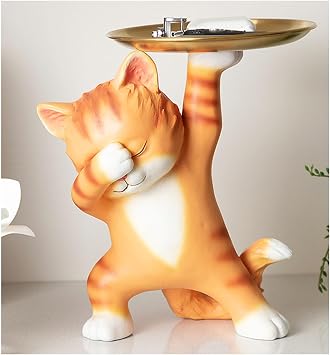 Cat Tray Statue Resin, Desk Organizer Cat Figurines with Metal Storage Tray, Entrance Key Tray Animal Cat Sculpture Ornaments Sundries Candy Container Home Decor,Orange