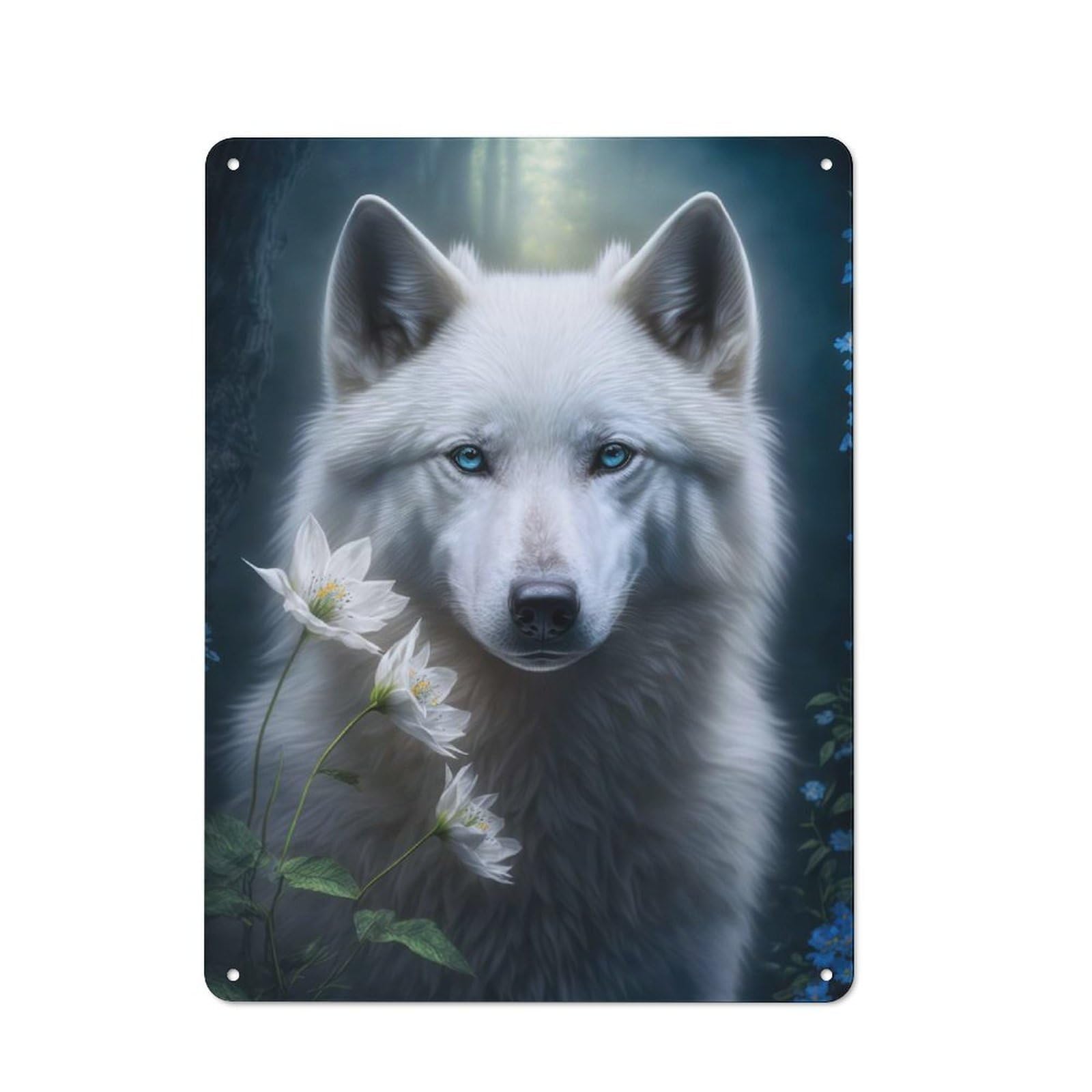 Beautiful White Wolf Workshop Style Metal Wall Decor 40x30cm, Decorative Metal Plaque for Garage, Hobby Room, Office Or Man Cave