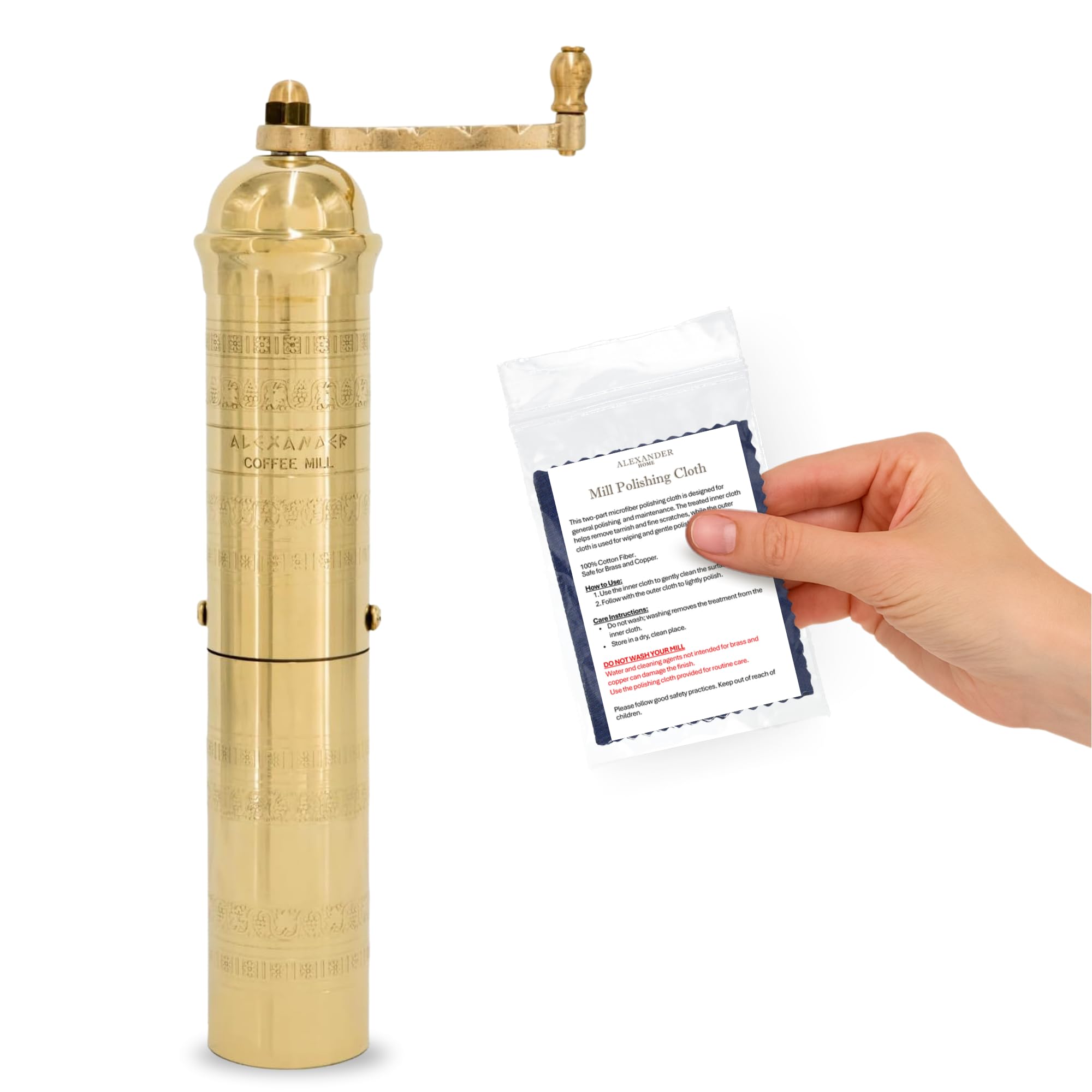 Original Greek Coffee Mill, 10.5-Inch Brass – European Manual Coffee Grinder, Refillable, with Polishing Cloth