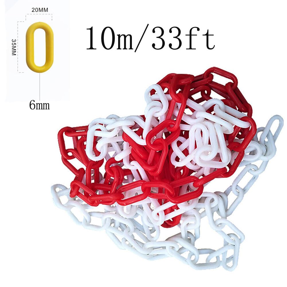 Łańcuch odgradzający z tworzywa sztucznego, łańcuch barierowy 10 m x 6 mm, ostrzeżenie, czerwono-białe, grubość łańcucha z tworzywa sztucznego o wysokiej widoczności, słupek barierki
