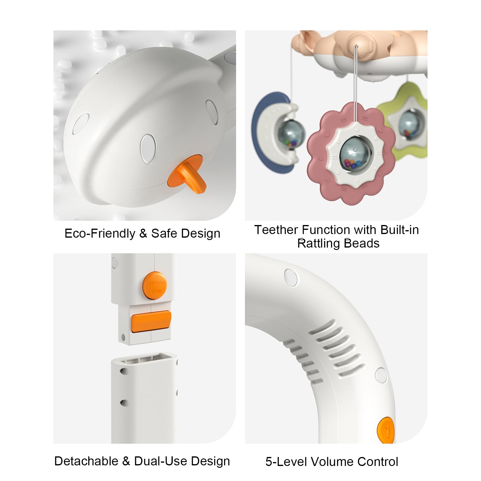 Karuzela do łóżeczka Dziecięcego z Głośnikiem Bluetooth, Projektorem w Kształcie Gwiazdek, Obrotowymi Gryzakami 360° z Materiału TPE, Miękką Lampką Nocną dla Dziecka (TM188)