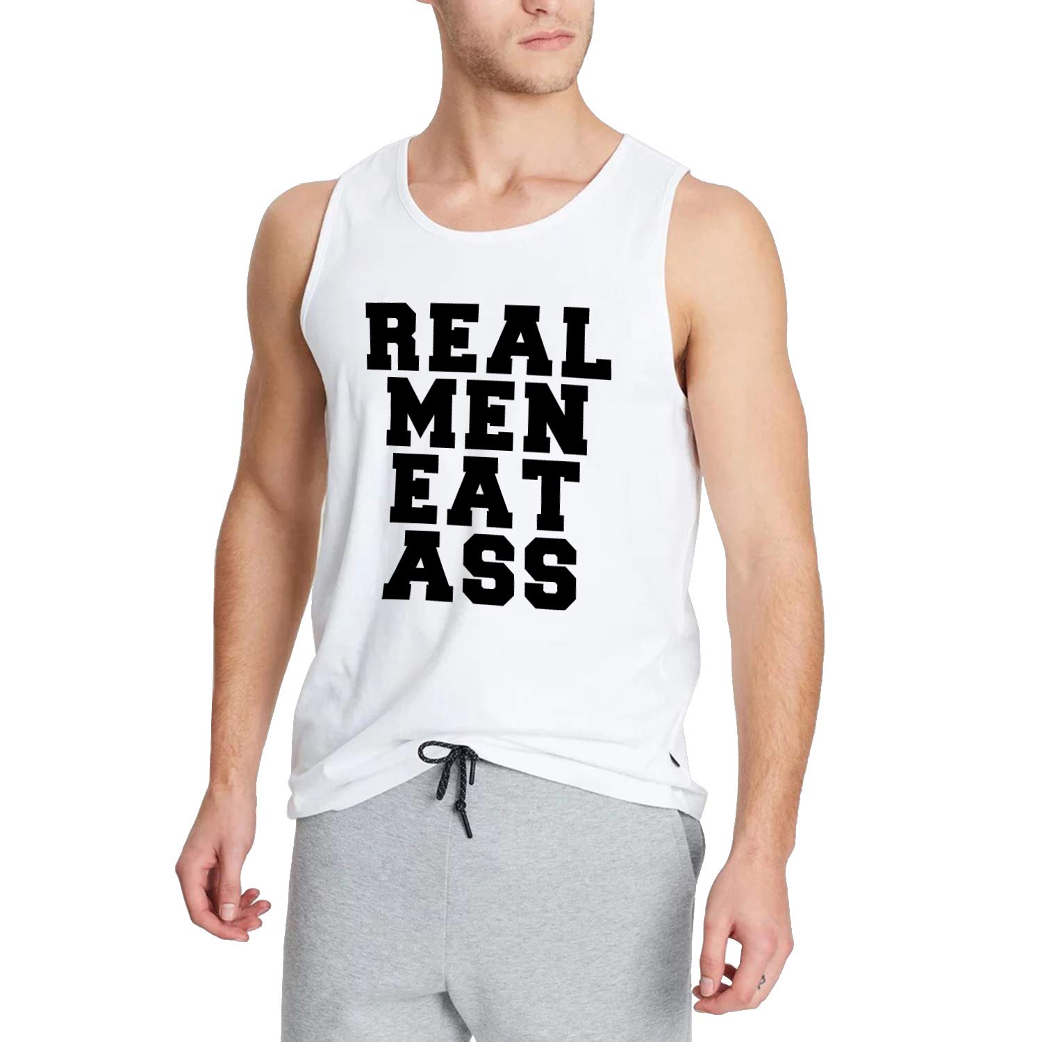WINGZOO Workout Tank Top for Men-Real Men Eat Ass Mens Funny Saying Fitness Gym Racerback Sleeveless Shirts Black