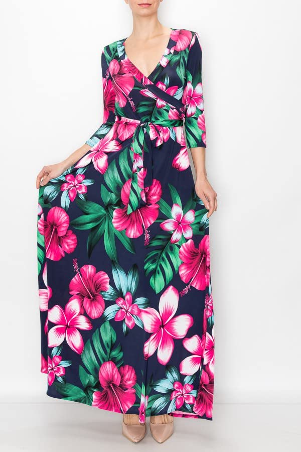 Image of Women's 3 /4 Sleeve V-Neck Printed Maxi Faux Wrap Dress Navy Fuchsia L