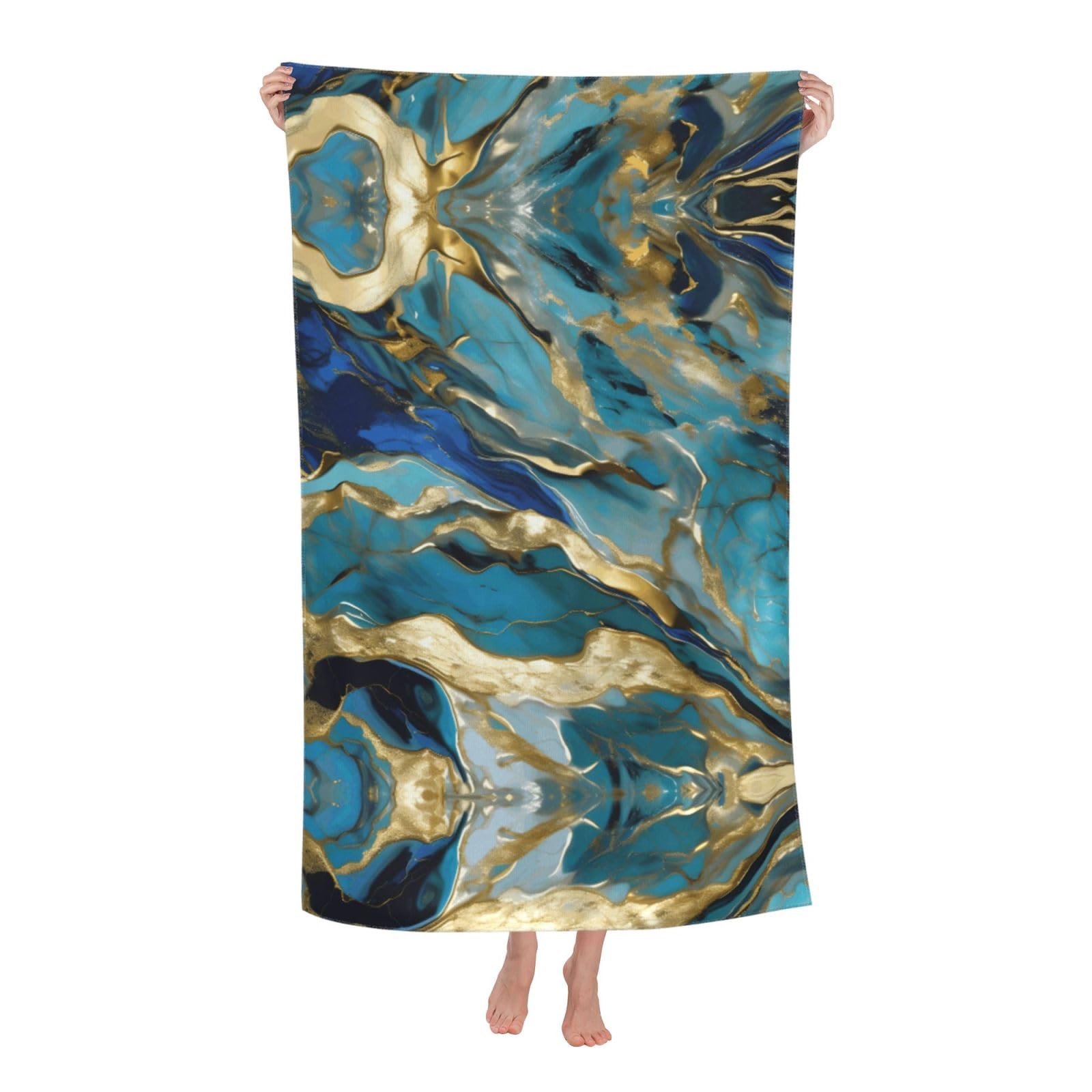 KPXXAQT Azurite Teal And Foil Gold Oil Marble Pattern Print Oversized Adult Beach Towel Quick-Dry Travel Swimming Camping Outdoor Adventures