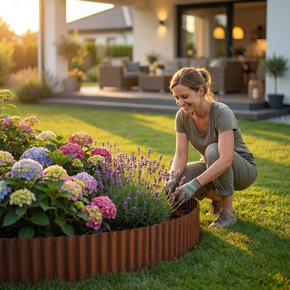Bordura Acero Corten 12m, Borduras Jardín Metálicas de 15 cm de Altura, Fácil de Instalar - Separador Jardín Exterior Ondulado con Pátina Natural de Óxido (Marrón)