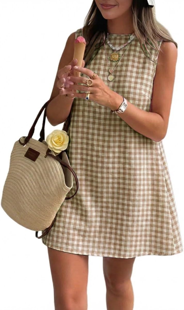 IDEALSANXUN Womens Gingham Dress Spring Summer Beach Boho Sleeveless Mini Sundress