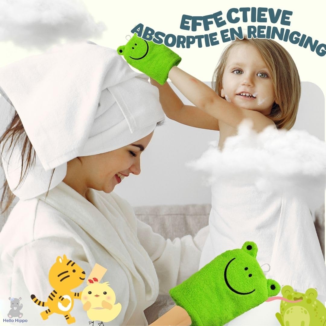 Hello Hippo 6-częściowy zestaw myjek dla niemowląt – 3 dla rodziców i 3 dla dzieci – rękawice kąpielowe z bawełny – motywy zwierzęce: żaba, pisklęta, tygrys – zmywalna myjka dla dzieci