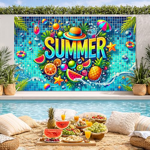 Image of BlissYard Summer Pool Banner 71 x 43 Inch Luau Party Decorations Hawaiian Backdrop Tropical Fruit Beach Party Decorations Photo Booth Wall Decor for Indoor Outdoor Summer Party